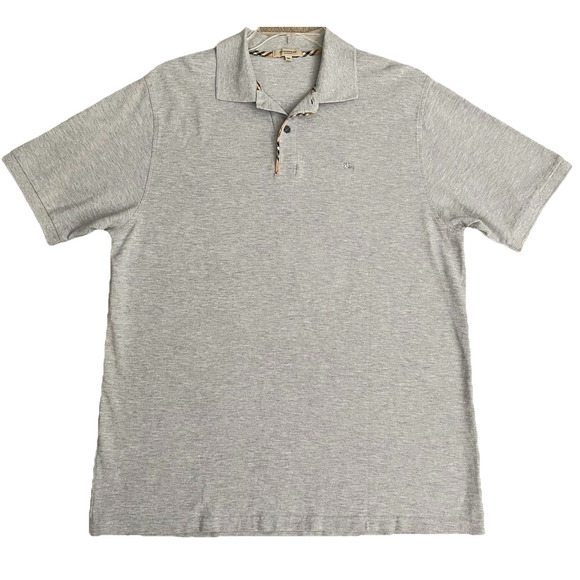 Burberry Polo Shirt T Shirt Gray Short Sleeve Cotton Nova Check Trim Logo Tee XL - Picture 1 of 8